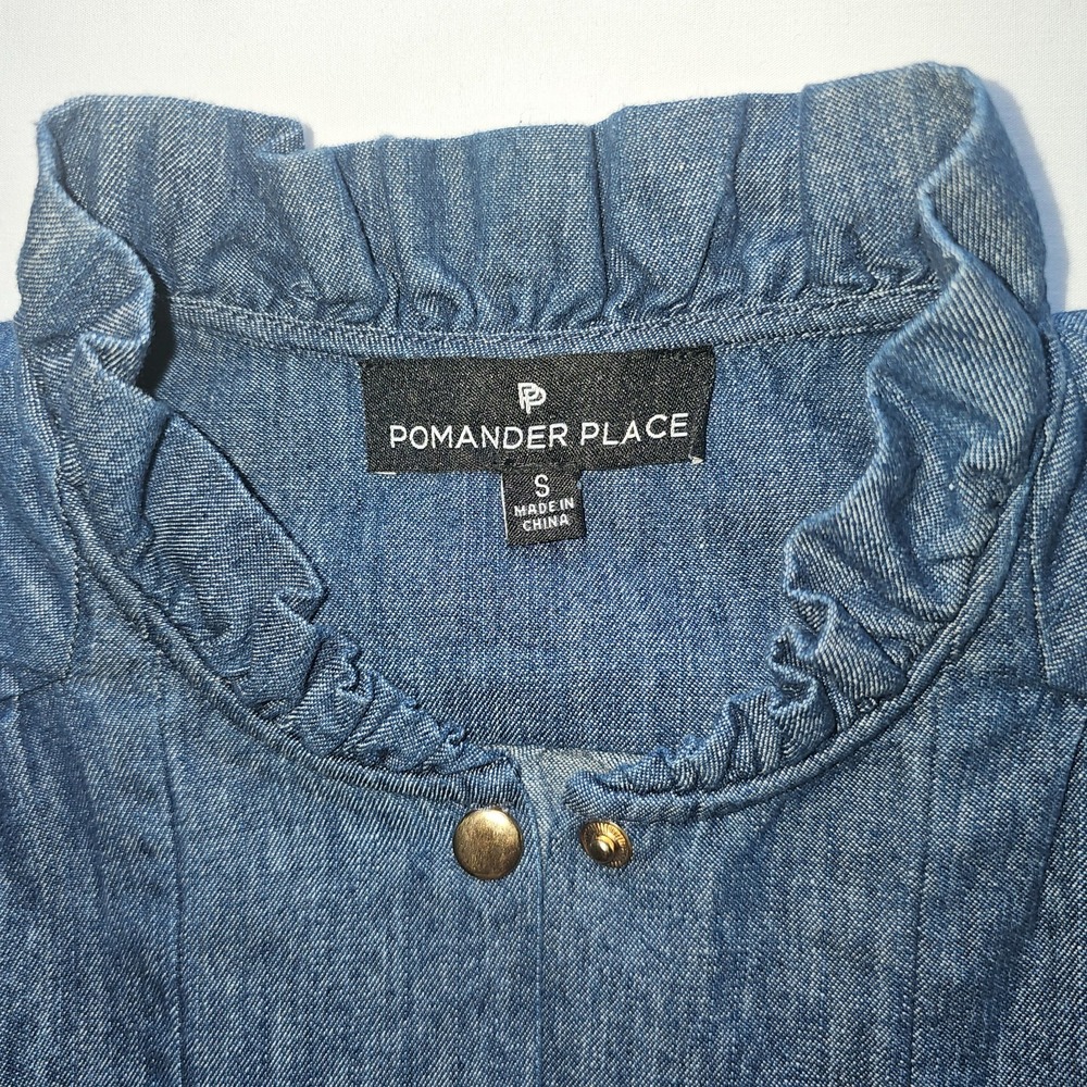 Pomander Place Chambray Claiborne Dress Ruffle Neck Gold Button Medium Size S - Picture 12 of 15